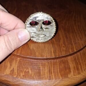 Vintage Silver Tone Moon Pin With Red Gem Eyes Festival Mystic Mystery Retro